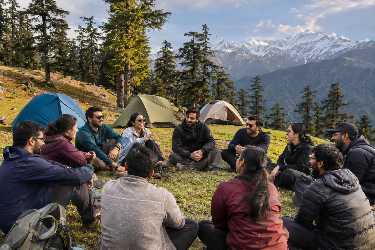 A team sitting in a circle on a Himalayan meadow campsite, tents and snow peaks behind