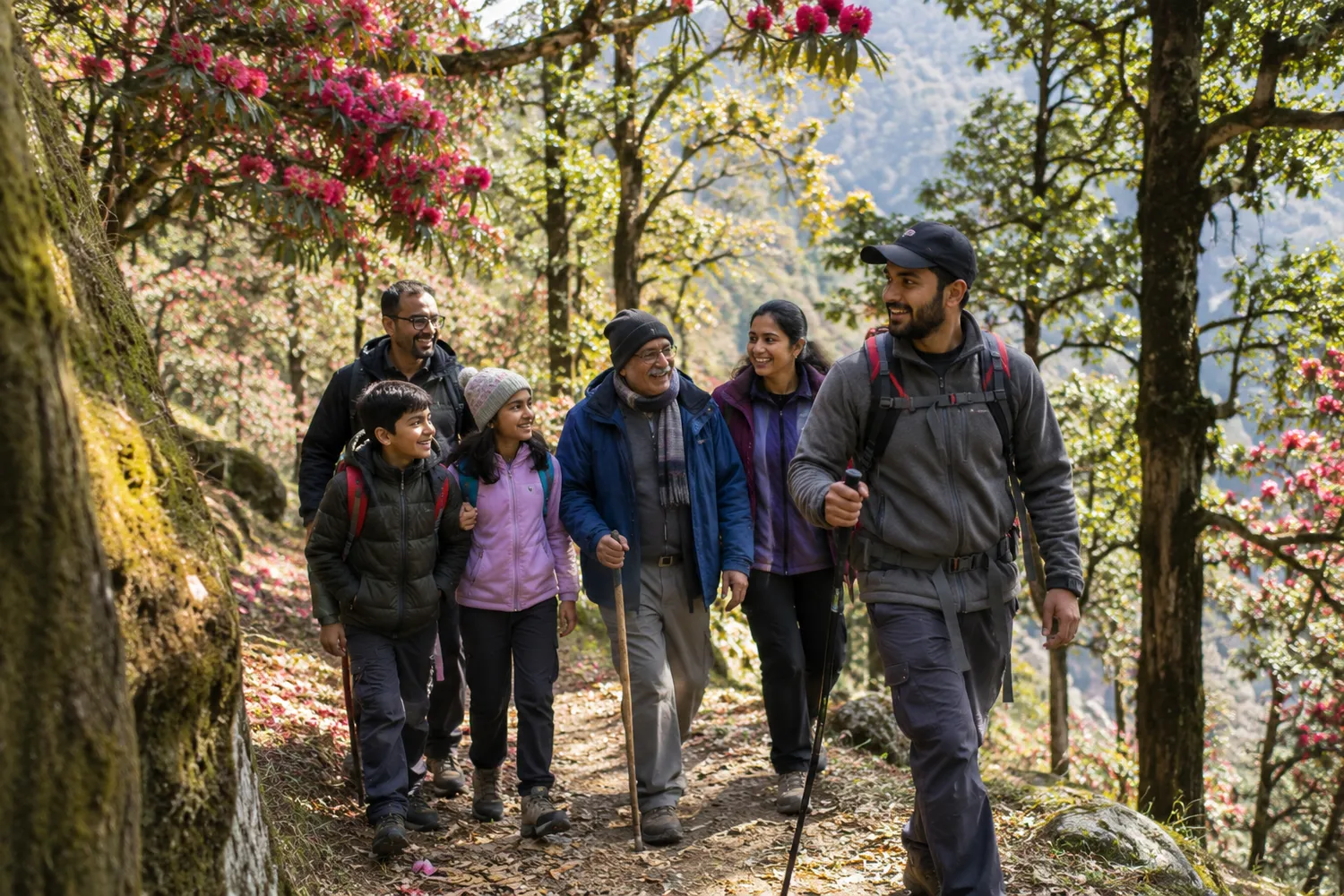 A family with children and a grandparent walking a rhododendron forest trail with their guide
