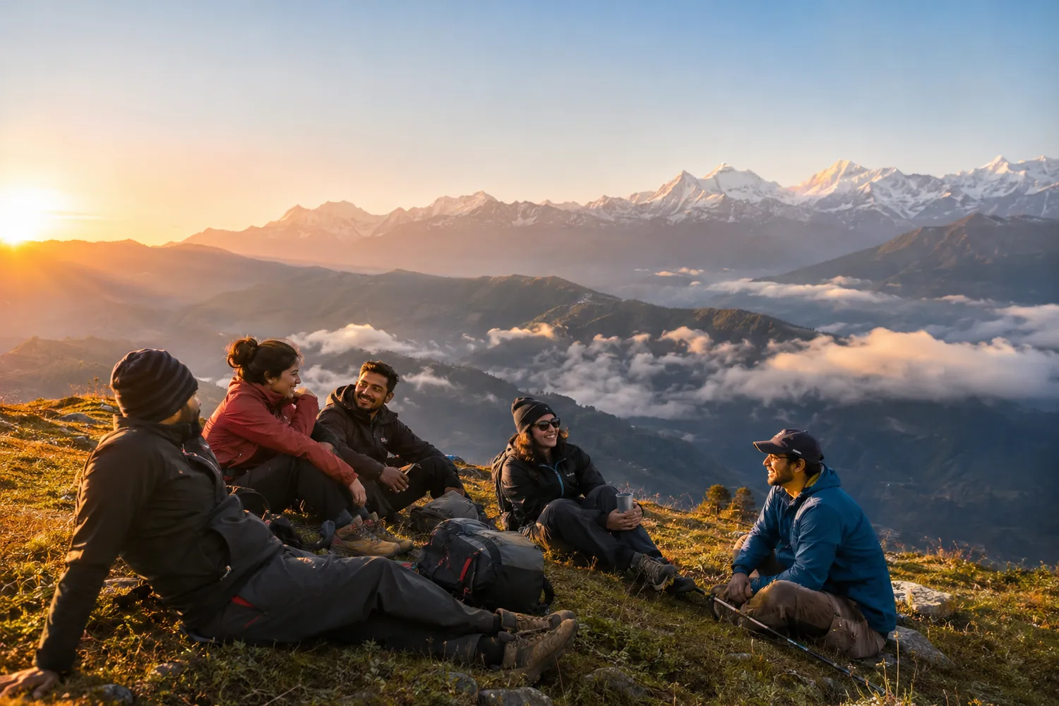 A small group of friends and their trek leader resting on a Himalayan ridge at sunrise